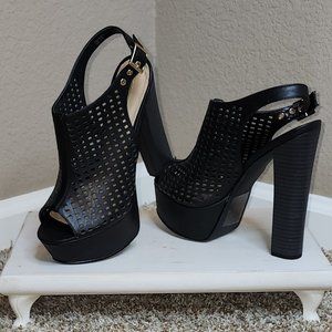 Leila Stone Black Calesea Pleather Platform Heels Size 6.5 US Brand New w/Box